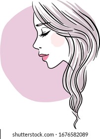 Beautiful woman with long hair illustration. Digitally hand drawn pretty girl with purple circular background.