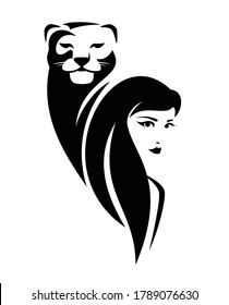 beautiful woman with long hair and lioness head black and white vector portrait outline