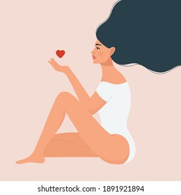 Hermosa mujer con el pelo largo. Ama a ti mismo o al concepto positivo del cuerpo. Diseño moderno para el Día Internacional de la Mujer, Día de San Valentín. Ilustración vectorial plana.