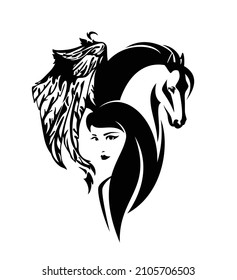 beautiful woman with long hair and magic pegasus winged horse head - girl and animal spirit black and white vector outline portrait