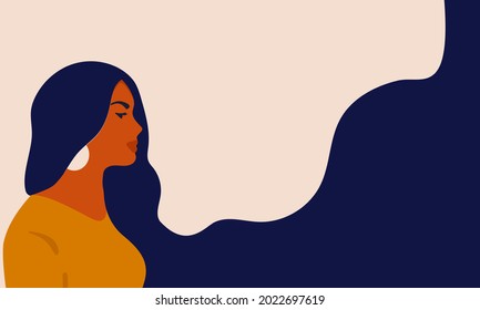 Beautiful woman with long hair. Modern illustration of Women's Day. 8th March. Template for cards, greetings, flyer, banner.
