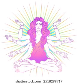 Beautiful woman with long hair and multiple hands sitting in lotus yoga position. Multi-armed goddess is Goddess Lakshmi, the Hindu goddess of wealth, fortune, and prosperity. Vector detailed isolated