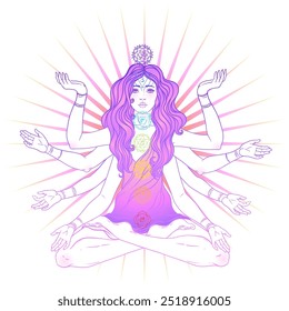 Beautiful woman with long hair and multiple hands sitting in lotus yoga position. Multi-armed goddess is Goddess Lakshmi, the Hindu goddess of wealth, fortune, and prosperity. Vector detailed isolated