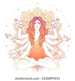 Beautiful woman with long hair and multiple hands sitting in lotus yoga position. Multi-armed goddess is Goddess Lakshmi, the Hindu goddess of wealth, fortune, and prosperity. Vector detailed isolated