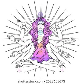Beautiful woman with long hair and multiple hands sitting in lotus yoga position. Multi-armed goddess is Goddess Lakshmi, the Hindu goddess of wealth, fortune, and prosperity. Vector detailed isolated