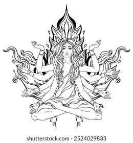 Beautiful woman with long hair and multiple hands sitting in lotus yoga position. Multi-armed goddess is Goddess Lakshmi, the Hindu goddess of wealth, fortune, and prosperity. Vector detailed isolated