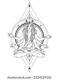 Mulher bonita com cabelo longo e múltiplas mãos sentadas na posição de ioga de lótus. A deusa multi-armada é a Deusa Lakshmi, a deusa hindu da riqueza, fortuna e prosperidade. Vetor detalhado isolado