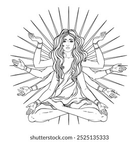 Beautiful woman with long hair and multiple hands sitting in lotus yoga position. Multi-armed goddess is Goddess Lakshmi, the Hindu goddess of wealth, fortune, and prosperity. Vector detailed isolated