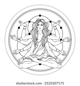 Beautiful woman with long hair and multiple hands sitting in lotus yoga position. Multi-armed goddess is Goddess Lakshmi, the Hindu goddess of wealth, fortune, and prosperity. Vector detailed isolated