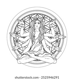 Beautiful woman with long hair and multiple hands sitting in lotus yoga position. Multi-armed goddess is Goddess Lakshmi, the Hindu goddess of wealth, fortune, and prosperity. Vector detailed isolated