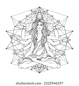 Beautiful woman with long hair and multiple hands sitting in lotus yoga position. Multi-armed goddess is Goddess Lakshmi, the Hindu goddess of wealth, fortune, and prosperity. Vector detailed isolated