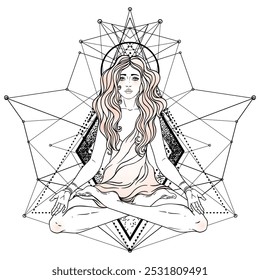 Beautiful woman with long hair and multiple hands sitting in lotus yoga position. Multi-armed goddess is Goddess Lakshmi, the Hindu goddess of wealth, fortune, and prosperity. Vector detailed isolated