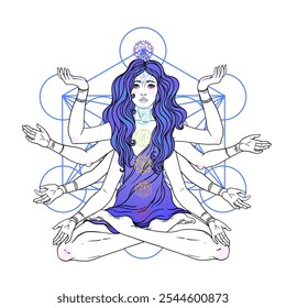 Beautiful woman with long hair and multiple hands sitting in lotus yoga position. Multi-armed goddess is Goddess Lakshmi, the Hindu goddess of wealth, fortune, and prosperity. Vector detailed isolated