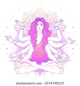 Beautiful woman with long hair and multiple hands sitting in lotus yoga position. Multi-armed goddess is Goddess Lakshmi, the Hindu goddess of wealth, fortune, and prosperity. Vector detailed isolated