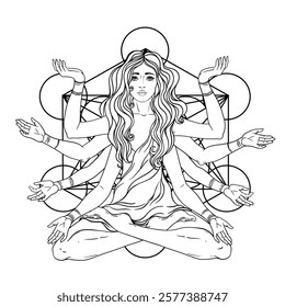 Beautiful woman with long hair and multiple hands sitting in lotus yoga position. Multi-armed goddess is Goddess Lakshmi, the Hindu goddess of wealth, fortune, and prosperity. Vector detailed isolated