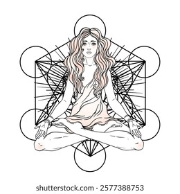 Beautiful woman with long hair and multiple hands sitting in lotus yoga position. Multi-armed goddess is Goddess Lakshmi, the Hindu goddess of wealth, fortune, and prosperity. Vector detailed isolated