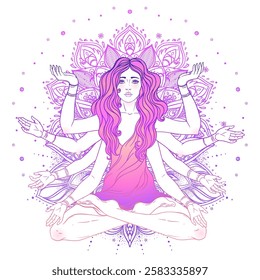 Beautiful woman with long hair and multiple hands sitting in lotus yoga position. Multi-armed goddess is Goddess Lakshmi, the Hindu goddess of wealth, fortune, and prosperity. Vector detailed isolated