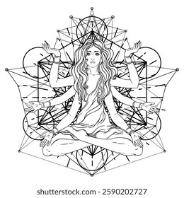 Beautiful woman with long hair and multiple hands sitting in lotus yoga position. Multi-armed goddess is Goddess Lakshmi, the Hindu goddess of wealth, fortune, and prosperity. Vector detailed isolated