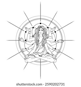 Beautiful woman with long hair and multiple hands sitting in lotus yoga position. Multi-armed goddess is Goddess Lakshmi, the Hindu goddess of wealth, fortune, and prosperity. Vector detailed isolated