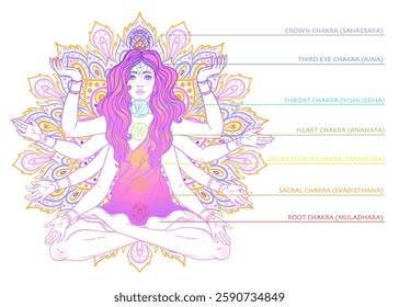 Beautiful woman with long hair and multiple hands sitting in lotus yoga position. Multi-armed goddess is Goddess Lakshmi, the Hindu goddess of wealth, fortune, and prosperity. Vector detailed isolated