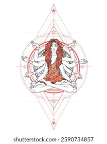 Beautiful woman with long hair and multiple hands sitting in lotus yoga position. Multi-armed goddess is Goddess Lakshmi, the Hindu goddess of wealth, fortune, and prosperity. Vector detailed isolated