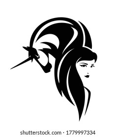beautiful woman with long hair and mythical unicorn horse head - fairy tale creatures black and white vector outline portrait