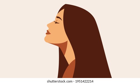 Beautiful woman with long hair, perfect skin. Beautiful, young woman, side view. Head and shoulders. Close-up female portrait in modern vector style. Removed location. 