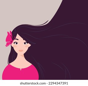 Beautiful woman with long hair, perfect skin. Beautiful, young woman, side view. Head and shoulders. Close-up female portrait in modern vector style. Removed location.