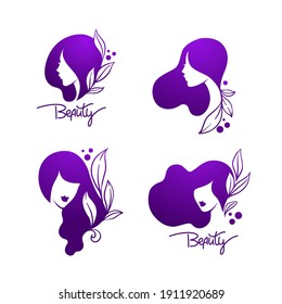 beautiful woman with long hair and plants, vector emblems and logo with lettering composition