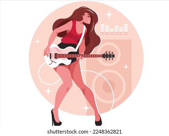 A beautiful woman with long hair plays an electric guitar in front of a large music column. The girl performs a guitar solo. Vector graphics