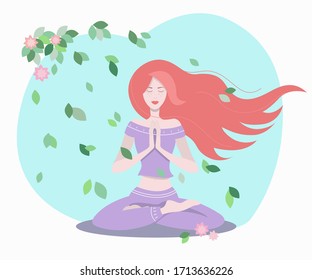 Beautiful woman with long hair practices yoga and meditation. Concept of harmony, relaxation and meditation. Vector illustration in flat style.
