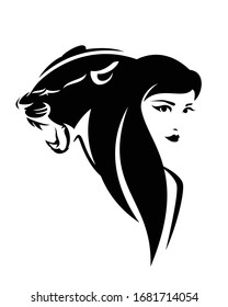 beautiful woman with long hair and roaring panther cat head - black and white vector portrait