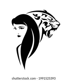 beautiful woman with long hair and roaring wild tiger head - black and white vector portrait of girl and big cat