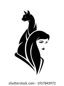 beautiful woman with long hair and sitting elegant cat black and white vector portrait outline