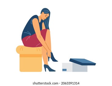 Hermosa mujer con el pelo largo sentada en el banco, tratando con zapatos nuevos de tacón alto de la caja en la tienda de calzado en ilustración vectorial plana aislada en fondo blanco