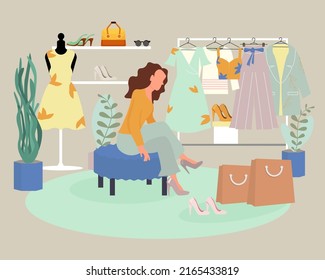 Beautiful woman with long hair sitting on bench, trying on new high-heeled shoes. Female customer choosing clothes in fashion store. Flat vector illustration. Shopping, fitting room concept 