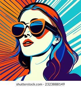 Beautiful woman with long hair and sunglasses in pop art style. Vector illustration.