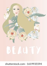 Beautiful woman with long hair surrounded by tropical leaves of palm trees and flowers peonies and roses. Pretty girl with stylish makeup. Pinc colors. Vector fashion illustration. EPS10