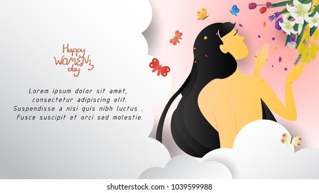 beautiful woman long hair with symbol flowers,cute cartoon character,vector illustration,international women's day,for website banner,commercial,content head or presentation background,space for text