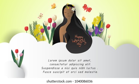 beautiful woman long hair with symbol flowers,cute cartoon character,vector illustration,international women's day,for website banner,commercial,content head or presentation background,space for text