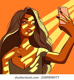 Beautiful woman with long hair taking a selfie at golden hour. Pretty influencer broadcasting live on her phone near curtain sunlight.