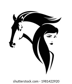 beautiful woman with long hair and wild mustang horse head - girl and animal black and white vector outline portrait