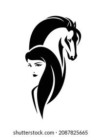 Beautiful Woman With Long Hair And Wild Mustang Horse Head - Girl And Animal Spirit Black And White Vector Outline Portrait