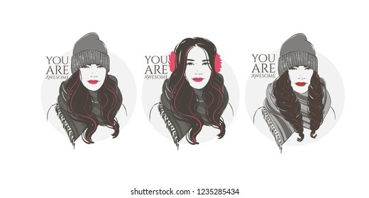 Beautiful woman with long hair in winter clothes, scarf and hat, hand drawn line vector fashion illustration.