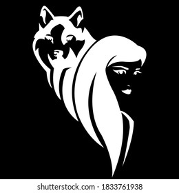 beautiful woman with long hair and wolf spirit animal - black and white vector portrait design