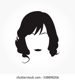 beautiful woman long hairstyle illustration from front view in flat black with sharp eyebrows and lips