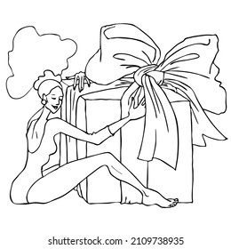 Beautiful woman with long legs and curly hair got big gift surprise with ribbon. Happy girlfriend or friend. Line art hand drawing black and white. For birthday, Christmas, new year, valentine's day.