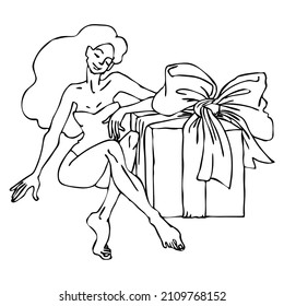 Beautiful woman with long legs and curly hair got big gift surprise with ribbon. Happy girlfriend or friend. Line art hand drawing black and white. For birthday, Christmas, new year, valentine's day.