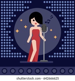 Beautiful woman in a long red dress singing on stage. Flat design. Vector illustration