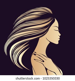 Beautiful woman with long, shiny blonde  hair and tanned skin.Cosmetics and beauty vector illustration.